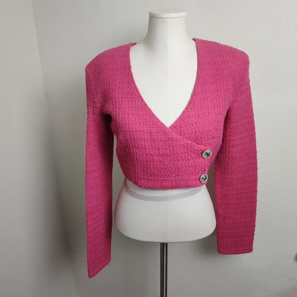 Zara Blouse Womens Medium Pink Cropped V Neck Rhinestone Button Long Sleeve NWT